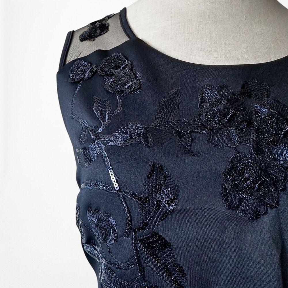 Vintage Y2K Tahari Navy Blue Bodycon Floral Mesh Sequin Cocktail Dress Size M - Picture 8 of 11